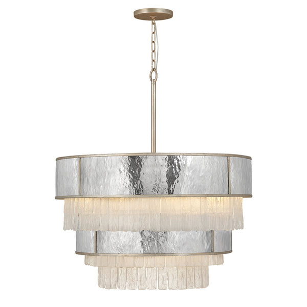 Reverie Twelve Lamp Pendant with Crystal Panels with Hammered Stainless Steel Shade