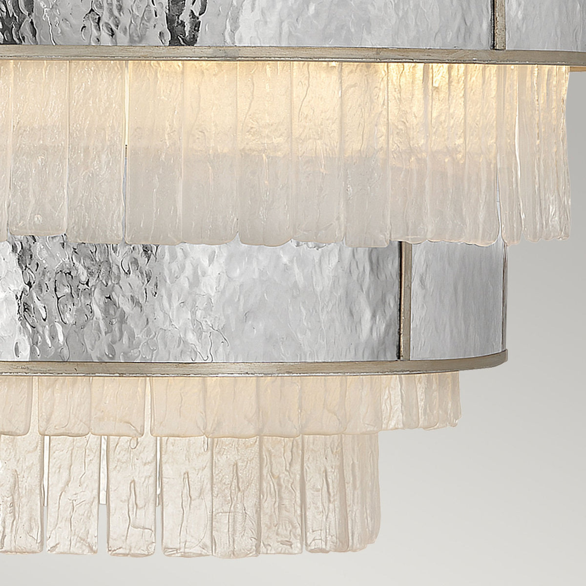 Reverie Twelve Lamp Pendant with Crystal Panels with Hammered Stainless Steel Shade