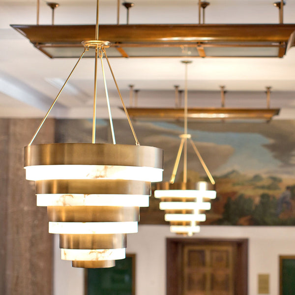Echelon Eight Lamp Multi-Tier Pendant in Heritage Brass and Faux Alabaster