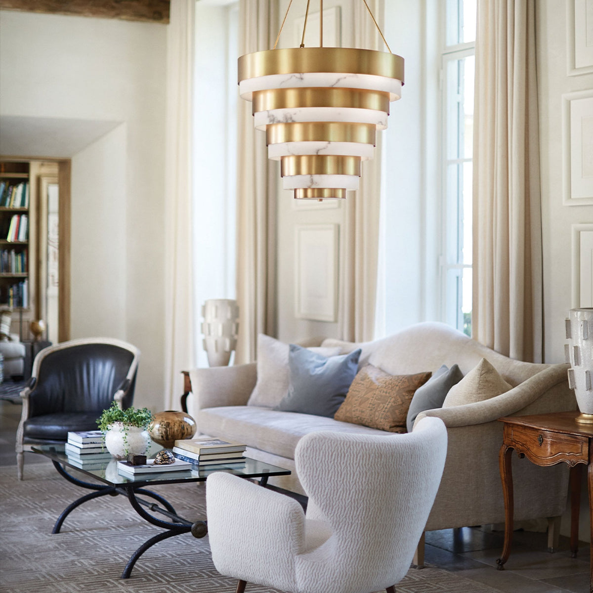 Echelon Eight Lamp Multi-Tier Pendant in Heritage Brass and Faux Alabaster