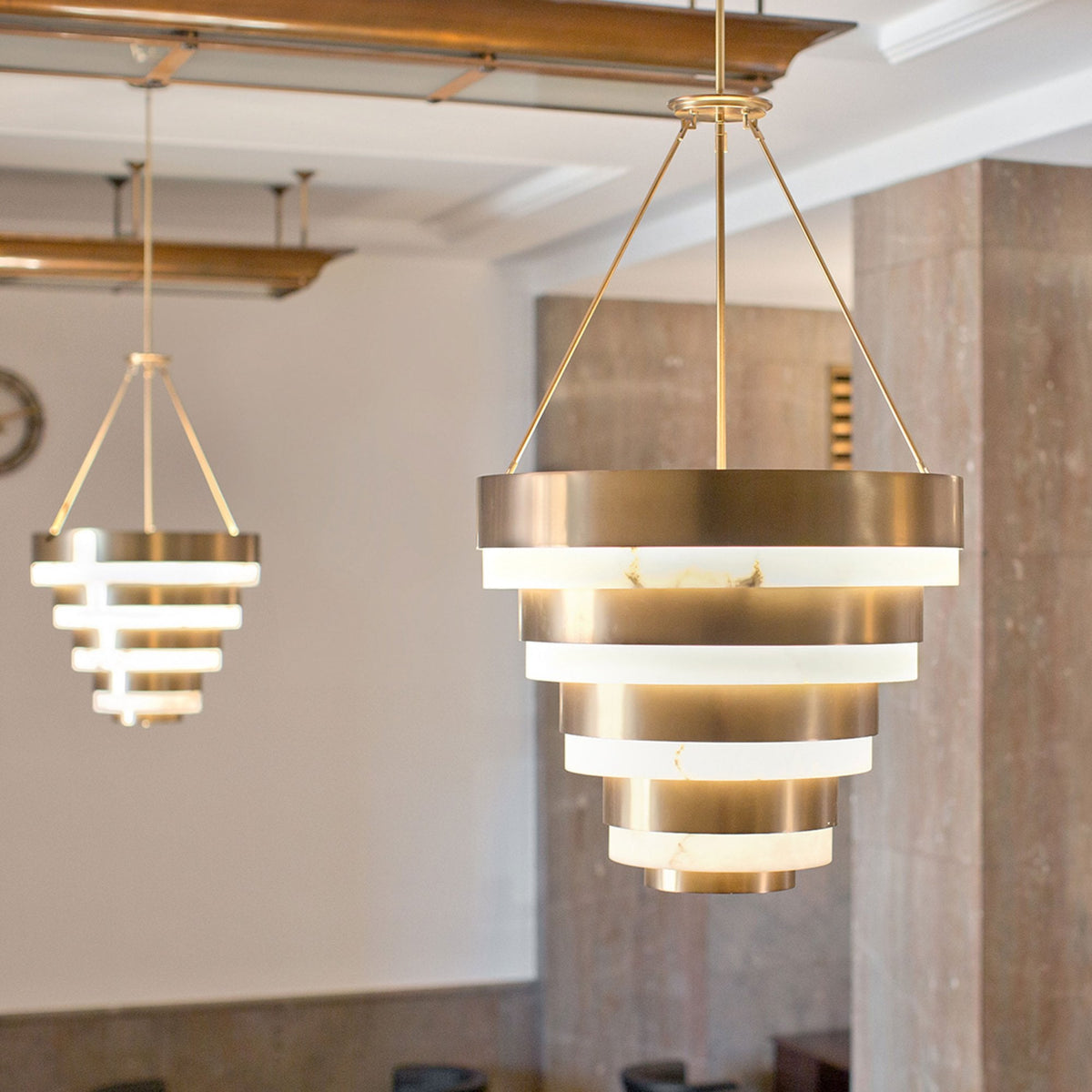 Echelon Eight Lamp Multi-Tier Pendant in Heritage Brass and Faux Alabaster