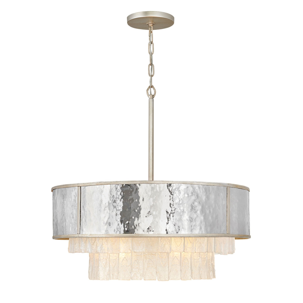 Reverie Eight Lamp Pendant with Crystal Panels with Hammered Stainless Steel Shade