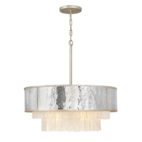 Reverie Eight Lamp Pendant with Crystal Panels with Hammered Stainless Steel Shade