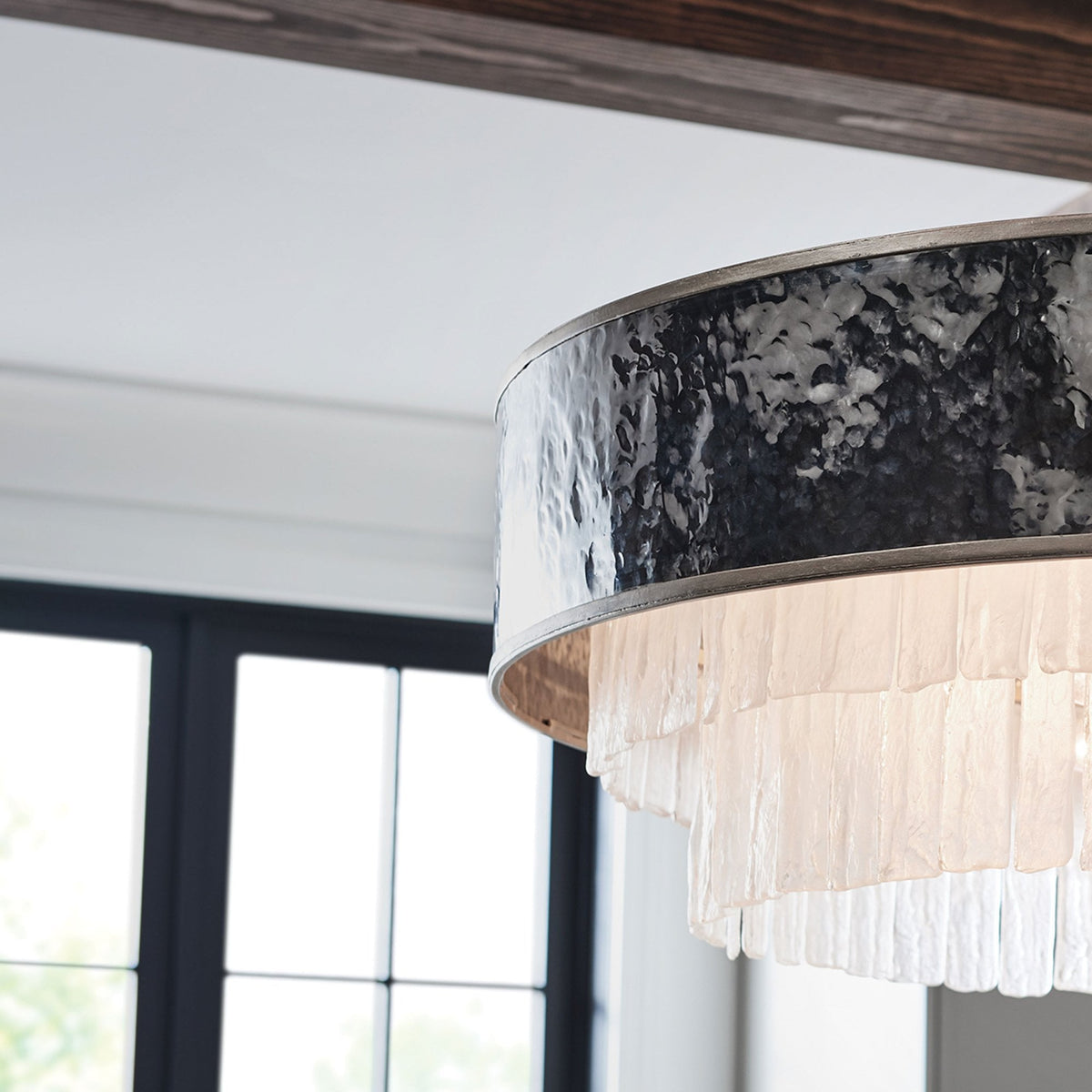 Reverie Eight Lamp Pendant with Crystal Panels with Hammered Stainless Steel Shade