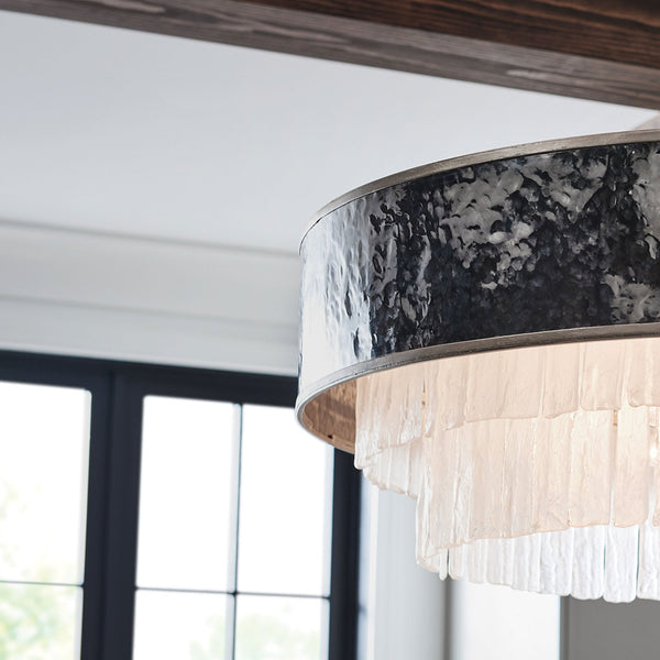 Reverie Eight Lamp Pendant with Crystal Panels with Hammered Stainless Steel Shade