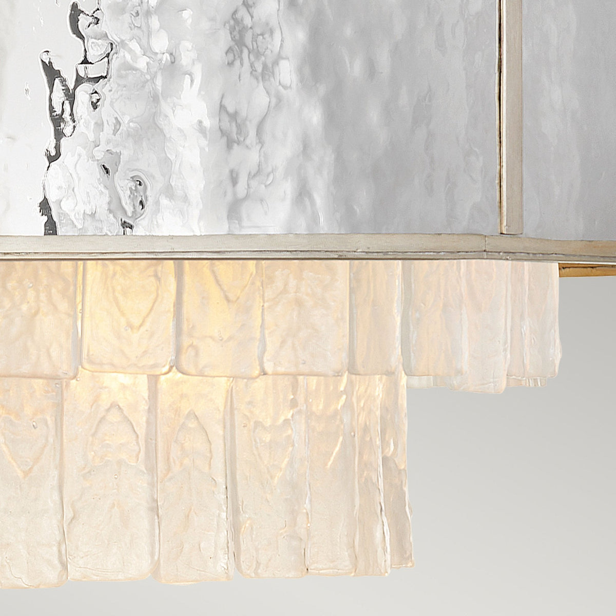 Reverie Eight Lamp Pendant with Crystal Panels with Hammered Stainless Steel Shade