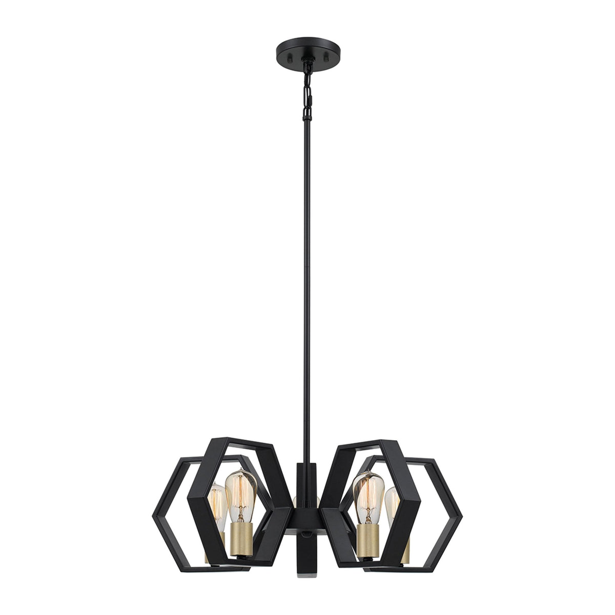 A black multi-light pendant with hexagonal frames surrounding exposed bulbs.