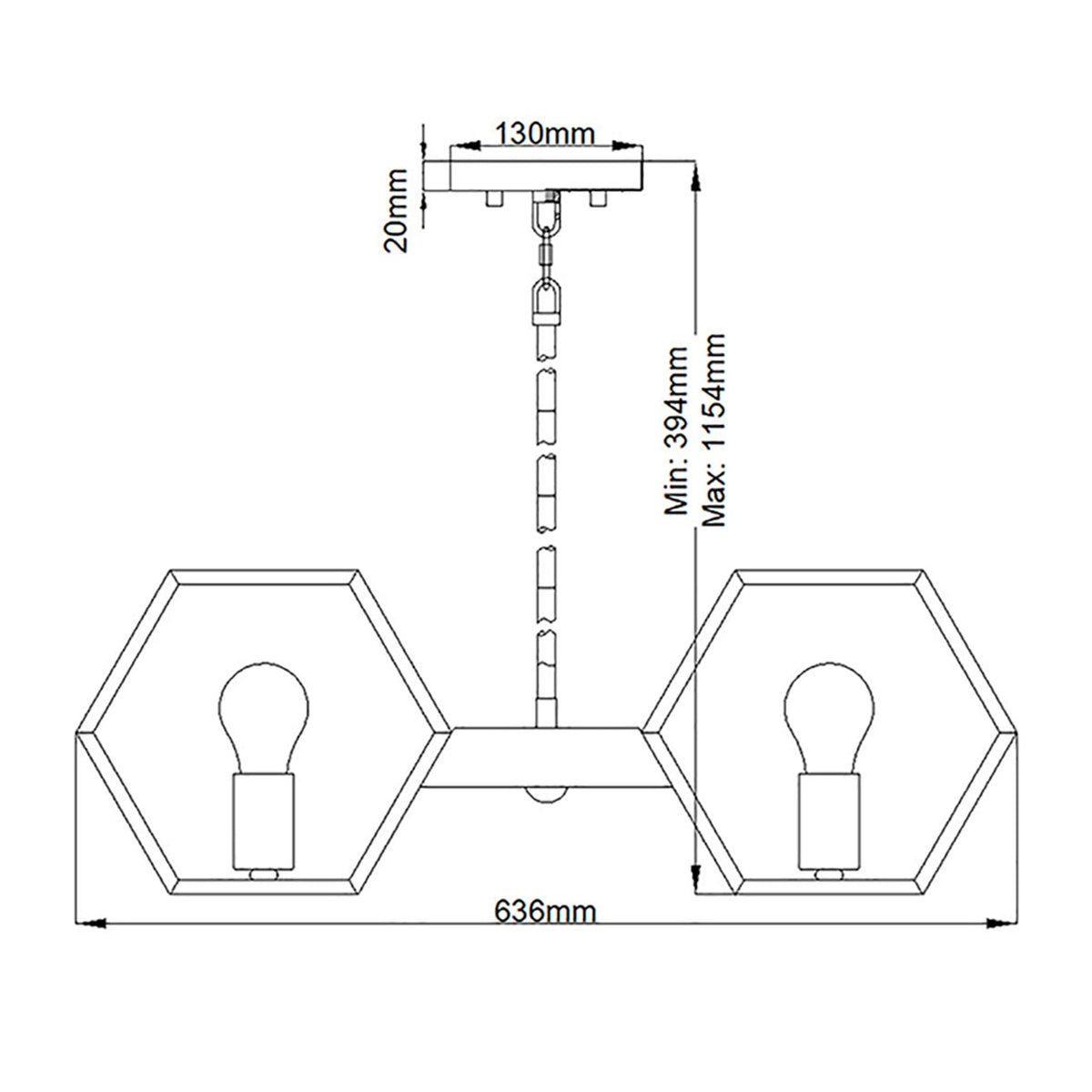 Line drawing of the multi-light pendant with dimensions, front view.
