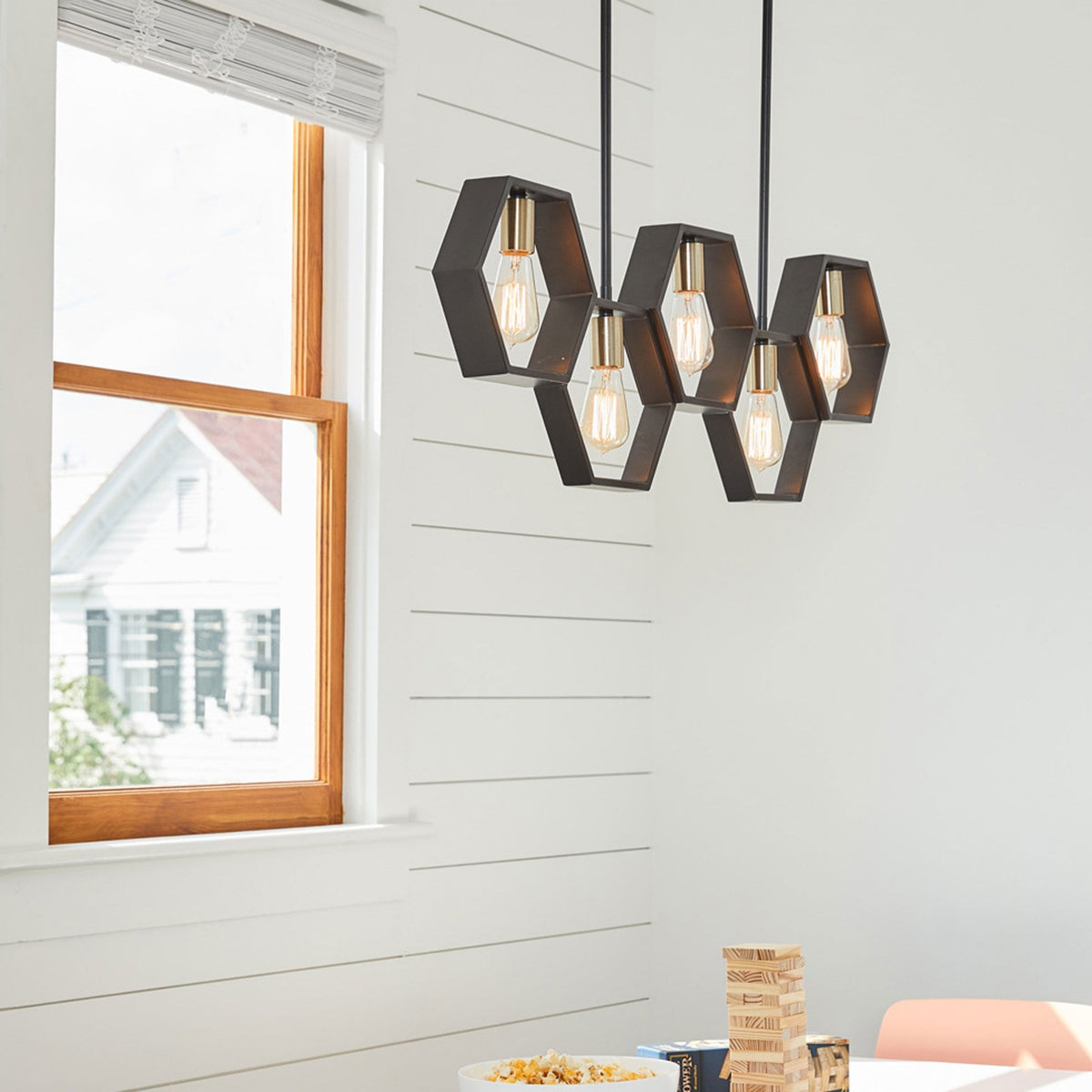 Bismarck Geometric Five Lamp Linear Pendant in Earth Black
