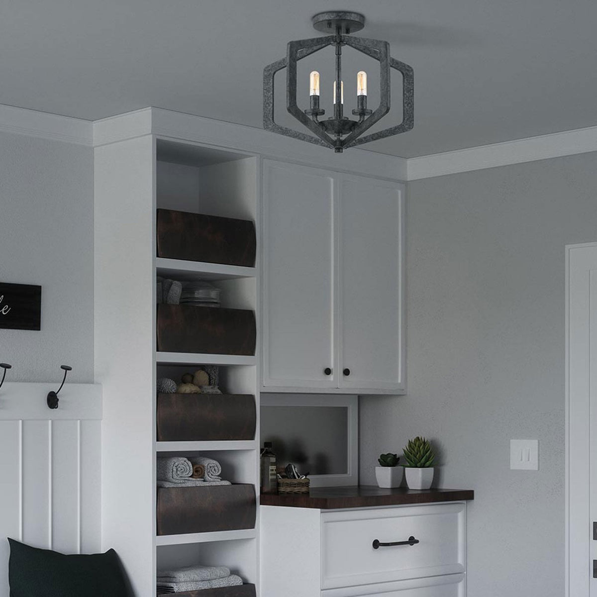 Vanguard Triple Lamp Single Drop Pendant or Semi Flush in Old Black