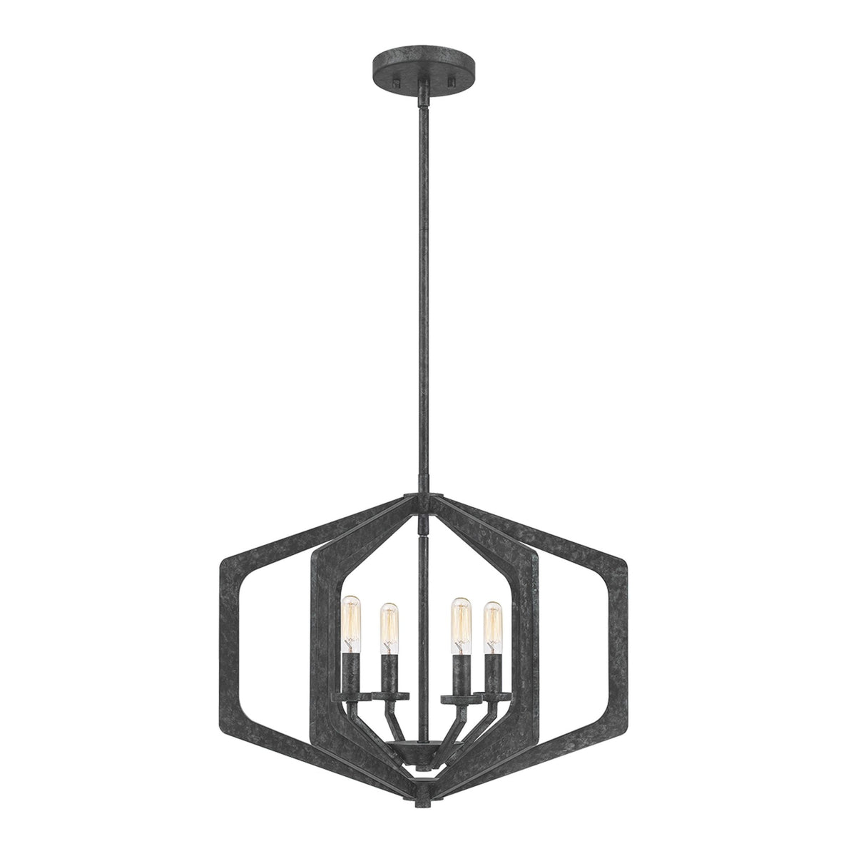 A contemporary geometric pendant light in a dark, textured finish with four exposed bulbs.