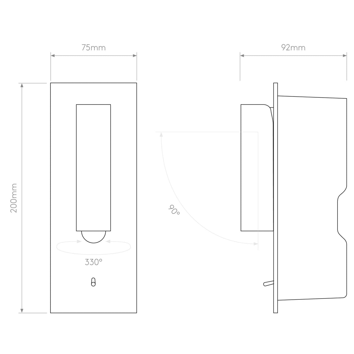 Line drawing of a rectangular wall light with dimensions 200mm height, 75mm width, and 92mm depth