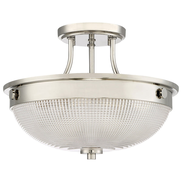 A close up of the brushed nickel ceiling light with a textured glass dome.