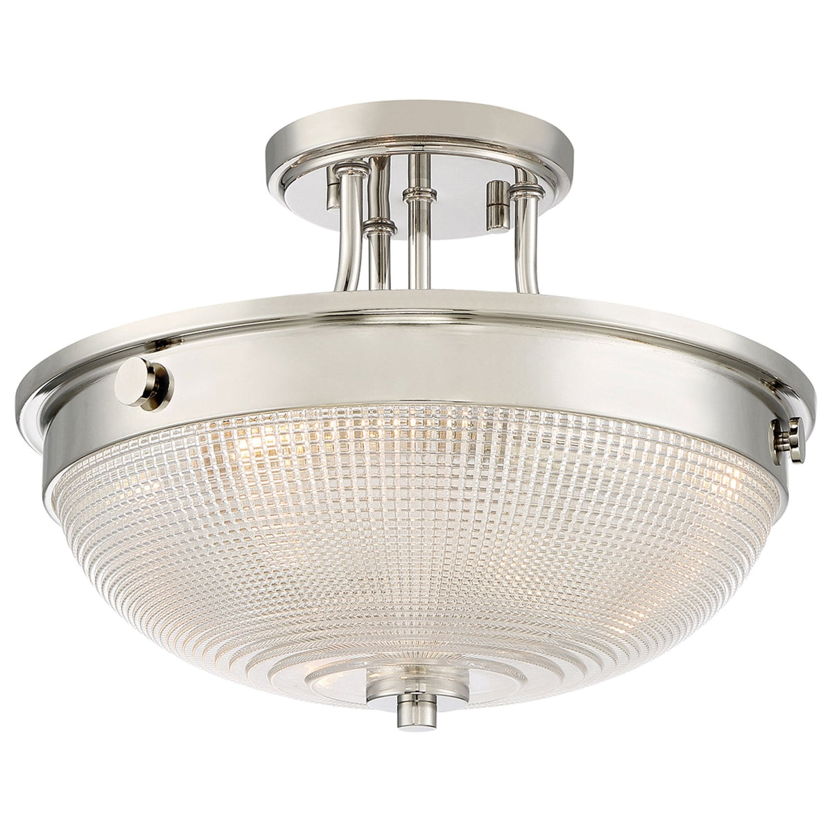 A close up of the brushed nickel ceiling light, showing the internal bulbs illuminated.