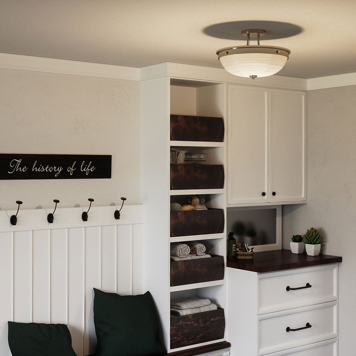 The ceiling light installed in a utility room, illuminating a tidy space.