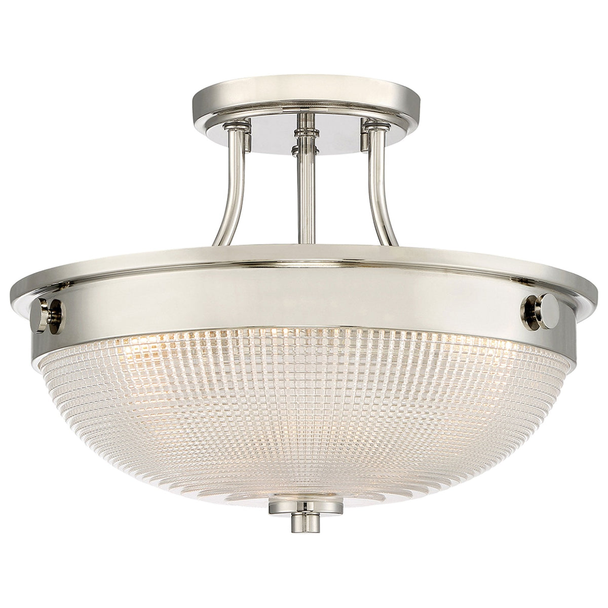 A close up of the brushed nickel ceiling light with a textured glass dome.