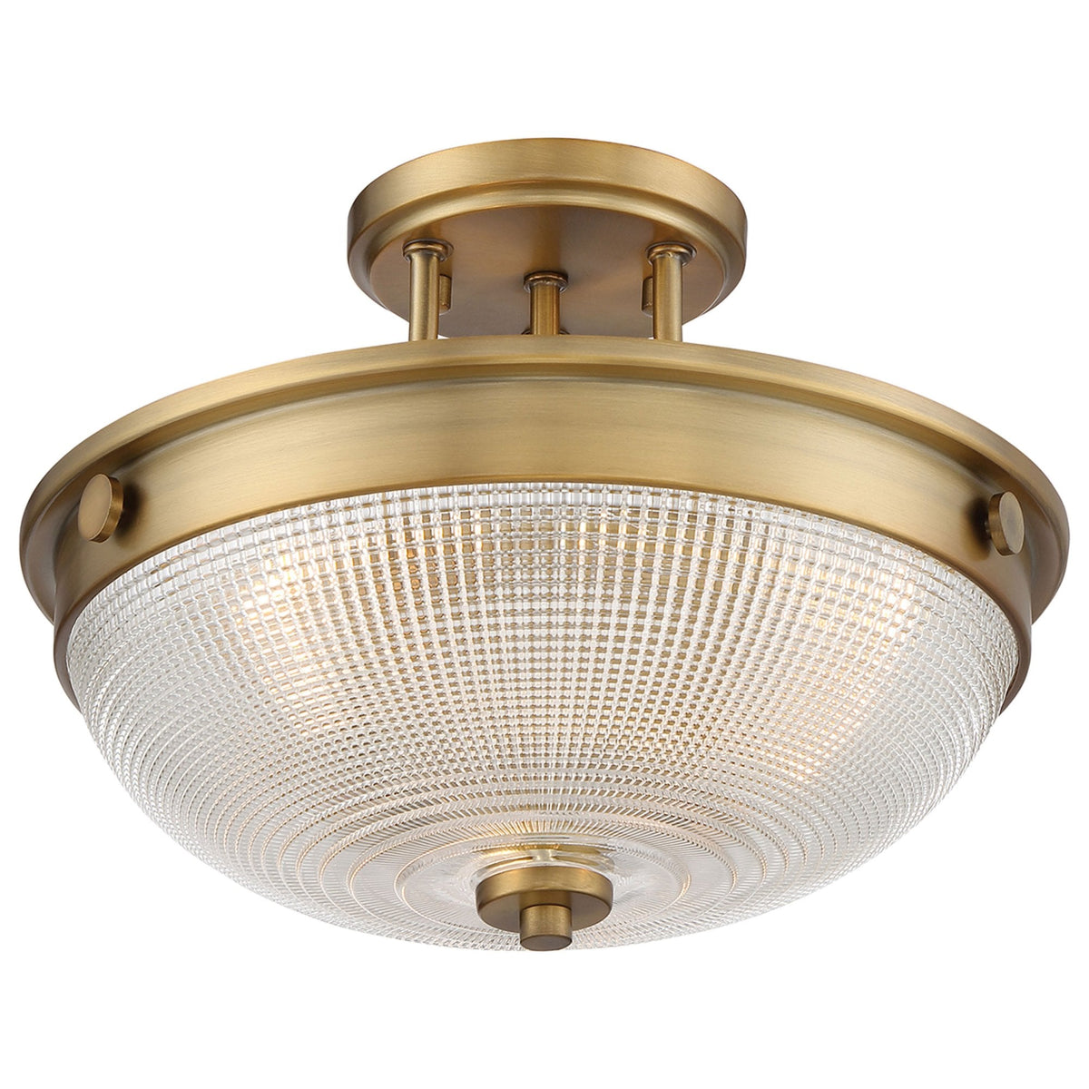 A close-up of a semi-flush ceiling light with an antique brass finish and a clear seeded glass bowl.