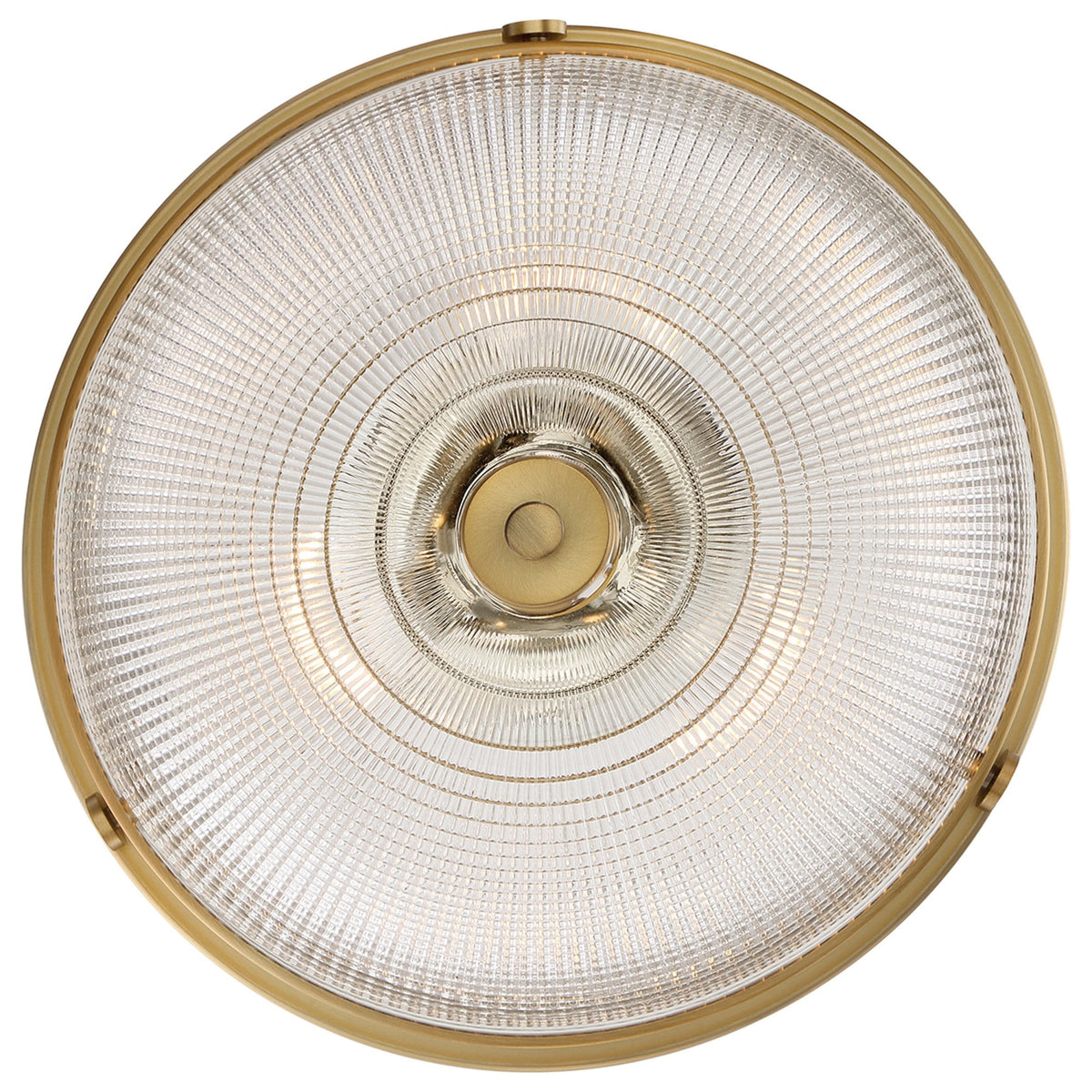 A close-up top-down view of a semi-flush ceiling light with a clear seeded glass bowl.
