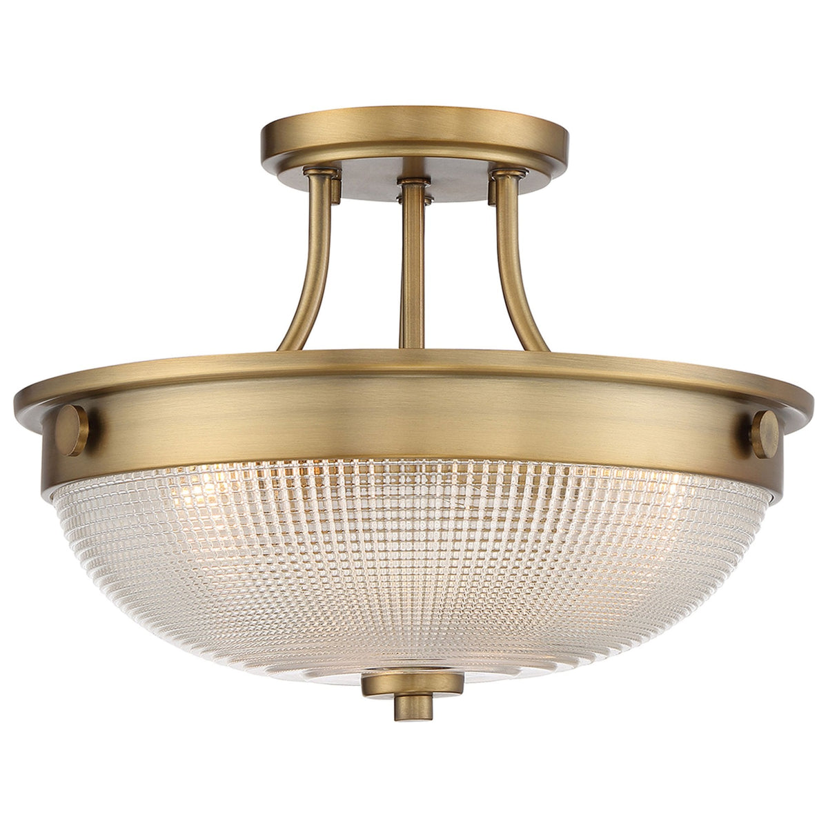 A close-up of a semi-flush ceiling light with an antique brass finish and a clear seeded glass bowl.