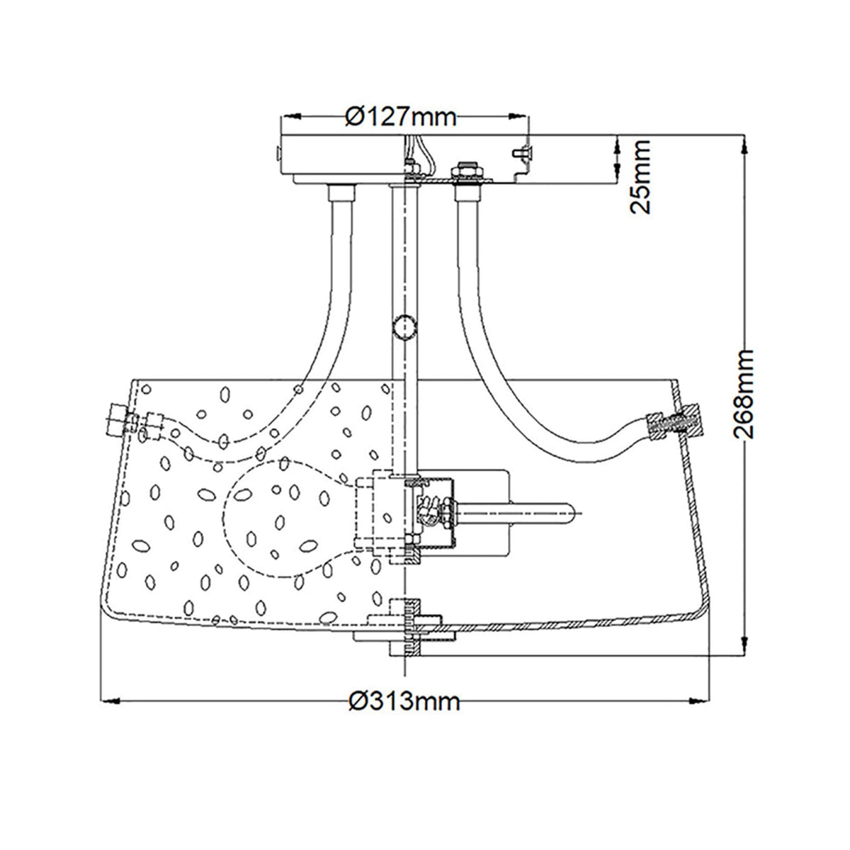 Technical drawing of the ceiling light showing dimensions: 313mm wide, 268mm high.
