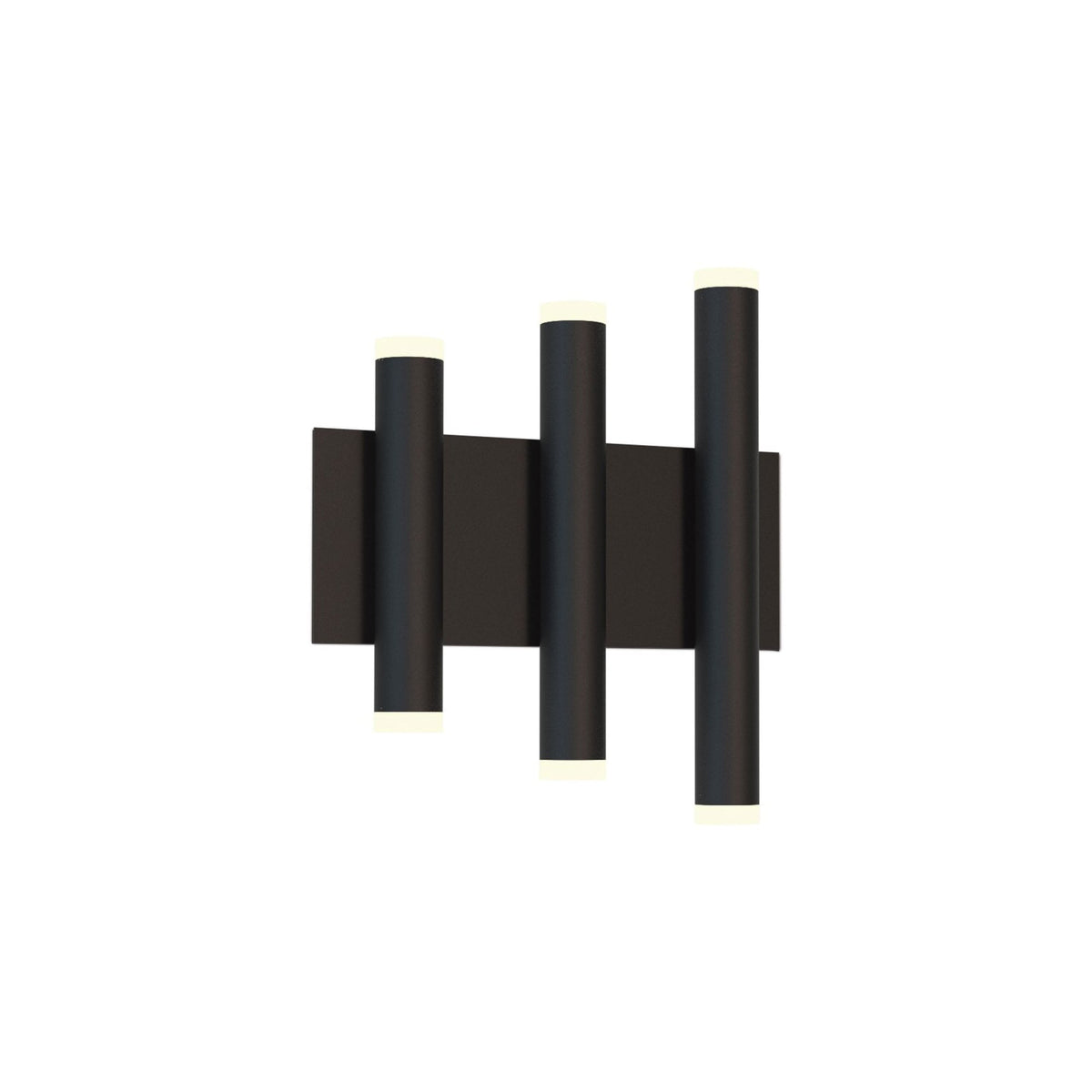 A black wall light with three vertical cylindrical lights, emitting light from both ends.