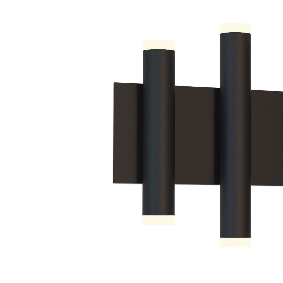 Close-up of a black wall light with two vertical cylindrical lights, emitting light from both ends.