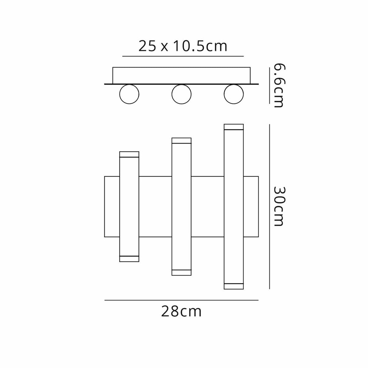 Technical drawing of a black wall light with three vertical lights and dimensions provided.