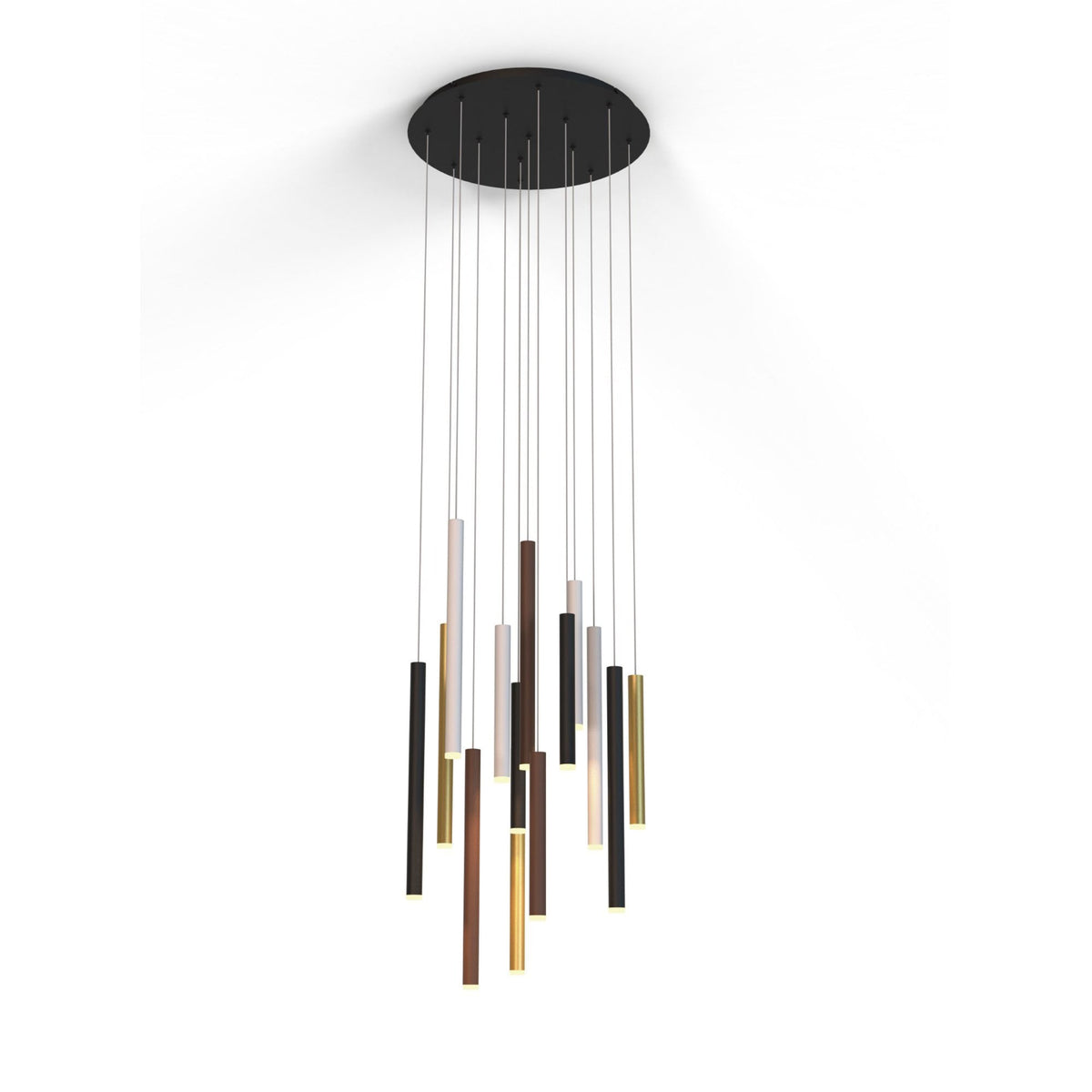 A modern multi-light pendant with various coloured cylindrical shades in a cluster.