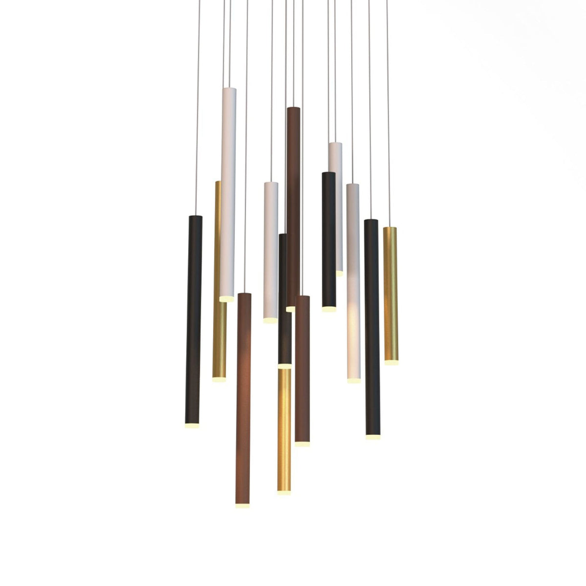 Close-up of the clustered modern multi-light pendant with various coloured cylindrical shades.