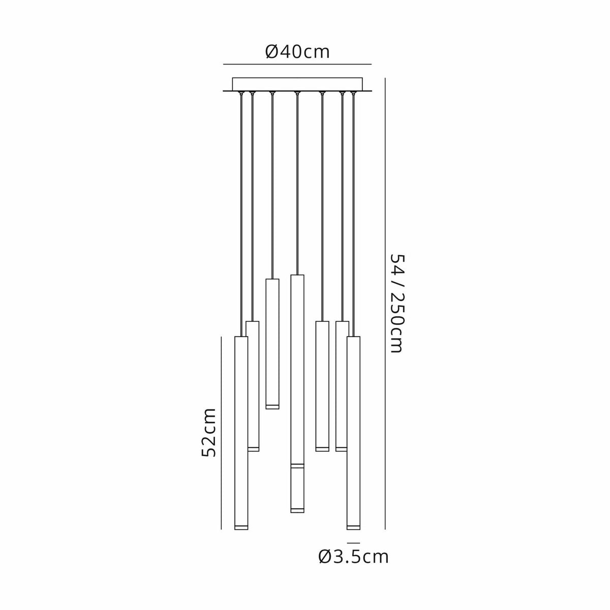 A line drawing illustrating the dimensions of the multi-light pendant.
