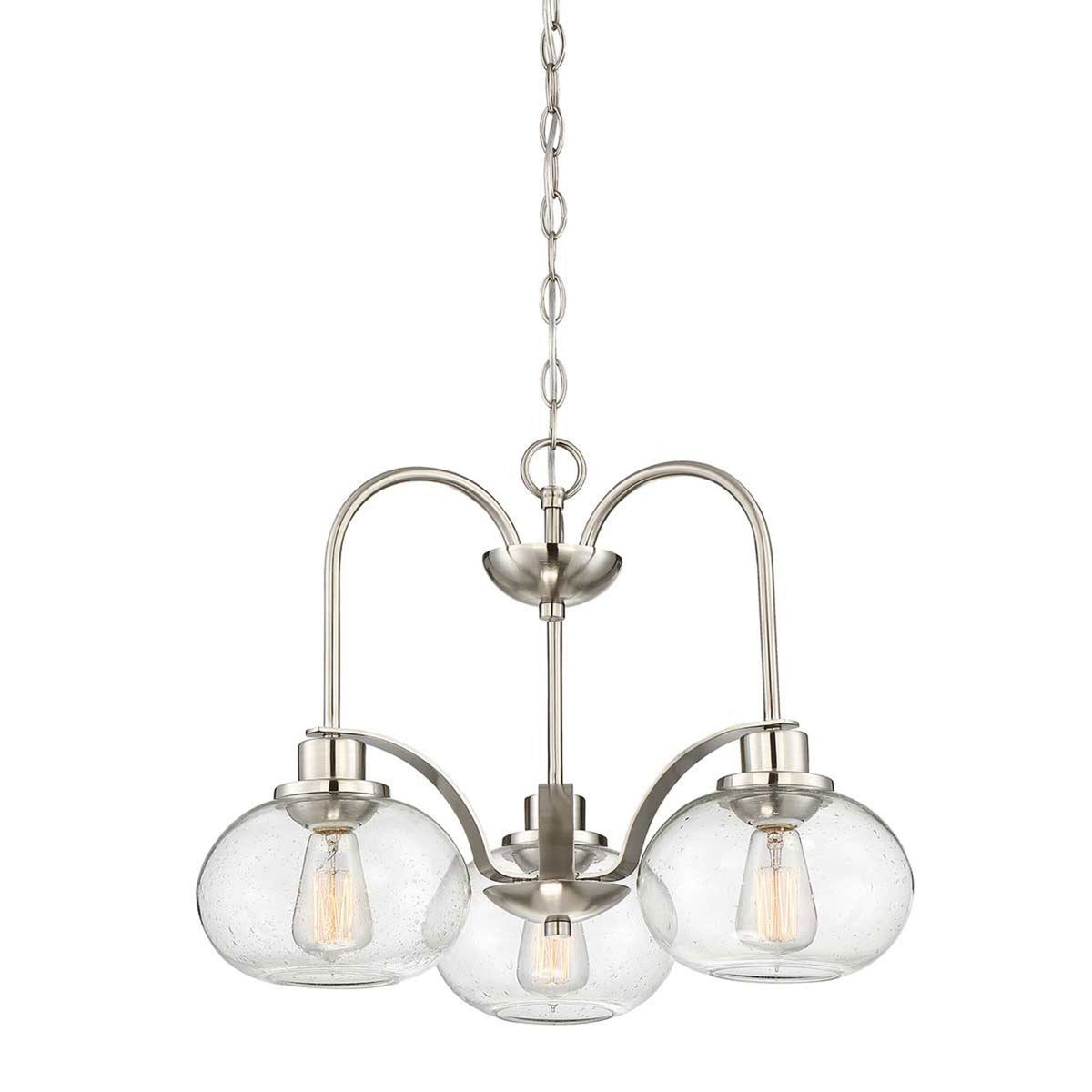 A contemporary three-light chandelier in brushed nickel with clear seeded glass shades.
