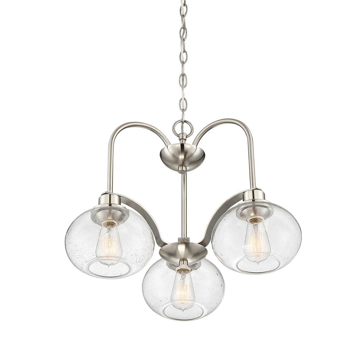 A modern three-light chandelier with brushed nickel finish and clear seeded glass globes.
