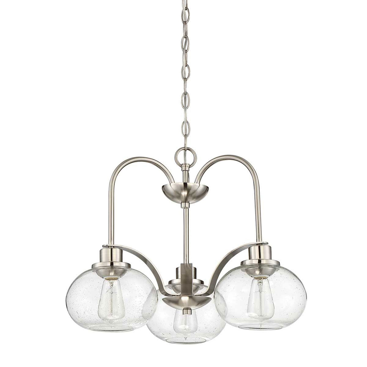 A stylish three-light ceiling pendant in brushed nickel with clear seeded glass shades.