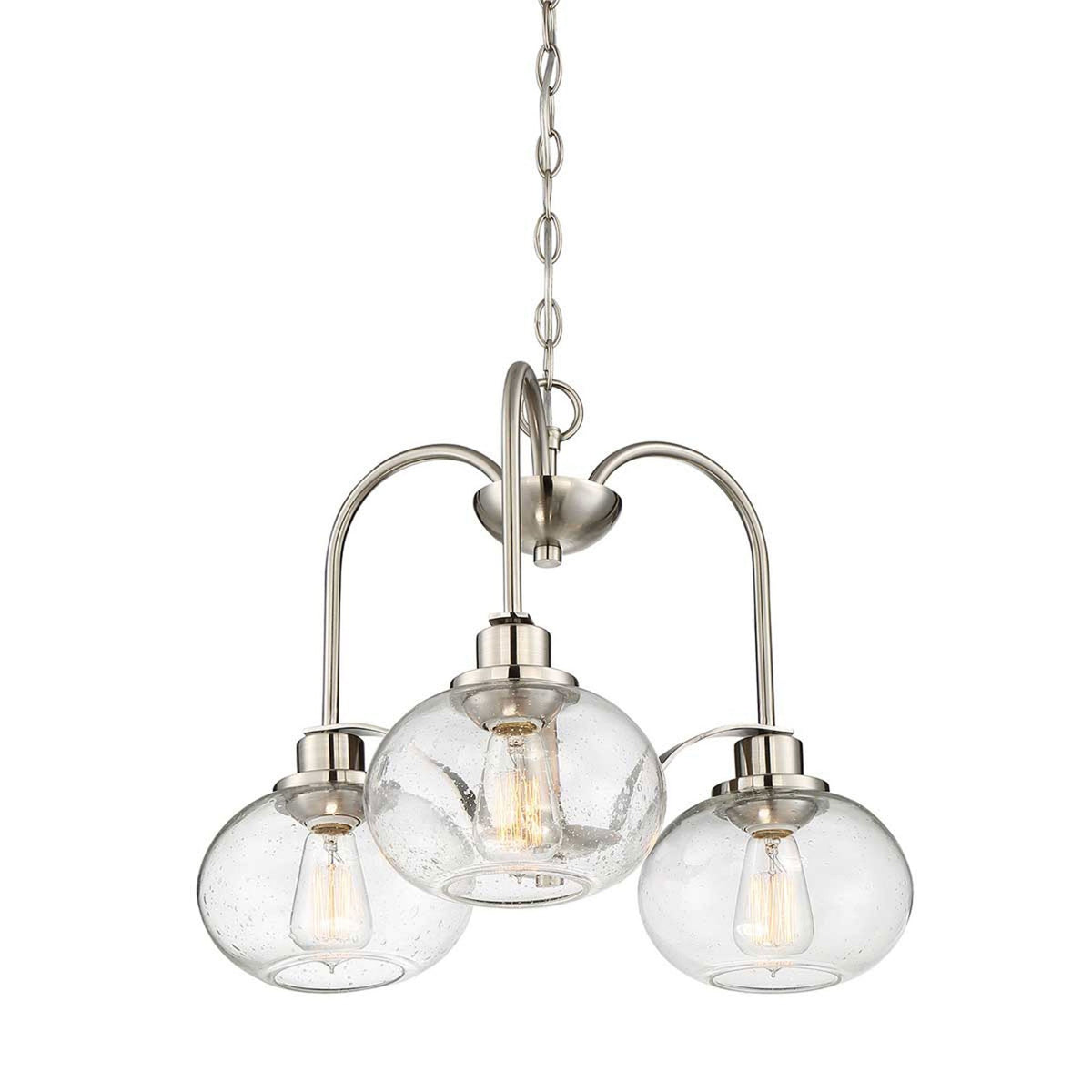 A sleek three-light chandelier with brushed nickel frame and textured glass shades.