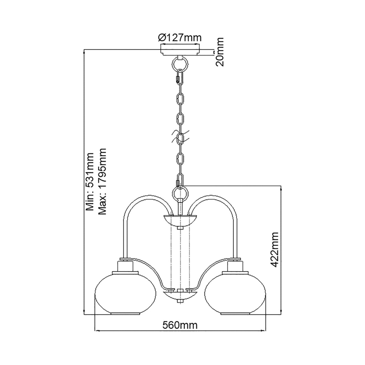 Technical drawing of the chandelier showing dimensions in millimetres for installation.