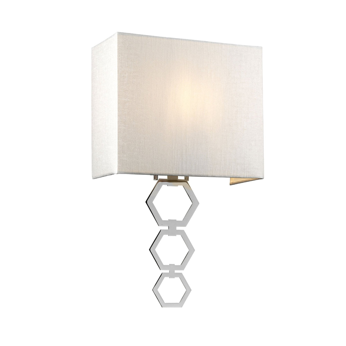 A modern chrome wall light with a rectangular white fabric shade, illuminated.
