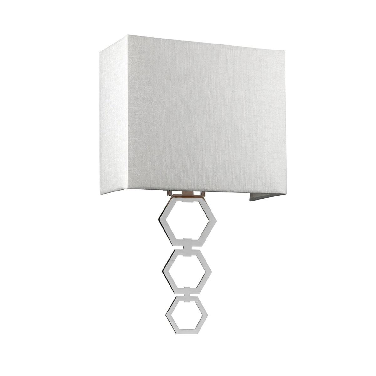 A modern chrome wall light with a rectangular white fabric shade, unlit.