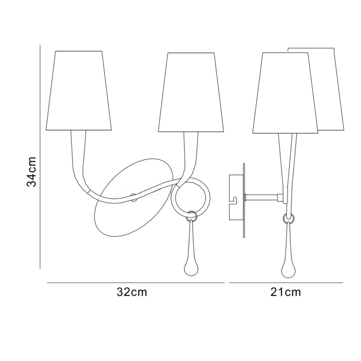 Paola Twin Wall Lamp In Painted Silver & Black With Black Fabric Shade