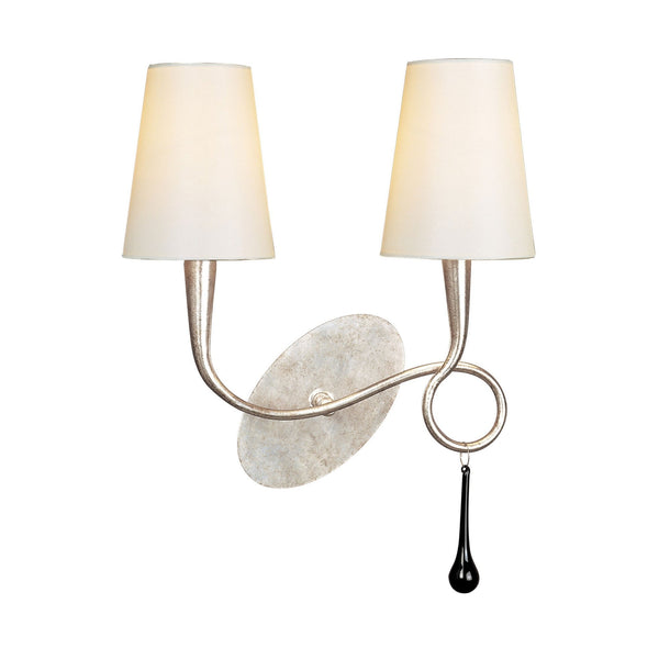 Paola Twin Wall Lamp In Painted Silver & Black With Cream Fabric Shade