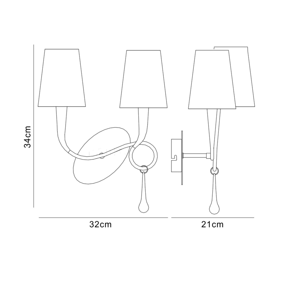 Paola Twin Wall Lamp In Painted Silver & Black With Cream Fabric Shade