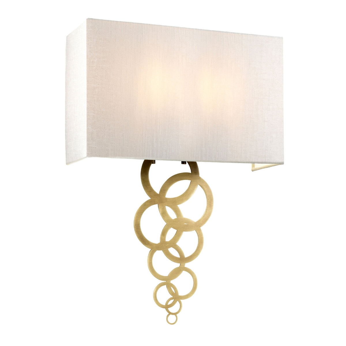 Modern wall light with a rectangular white shade and gold-coloured interlocking rings beneath.
