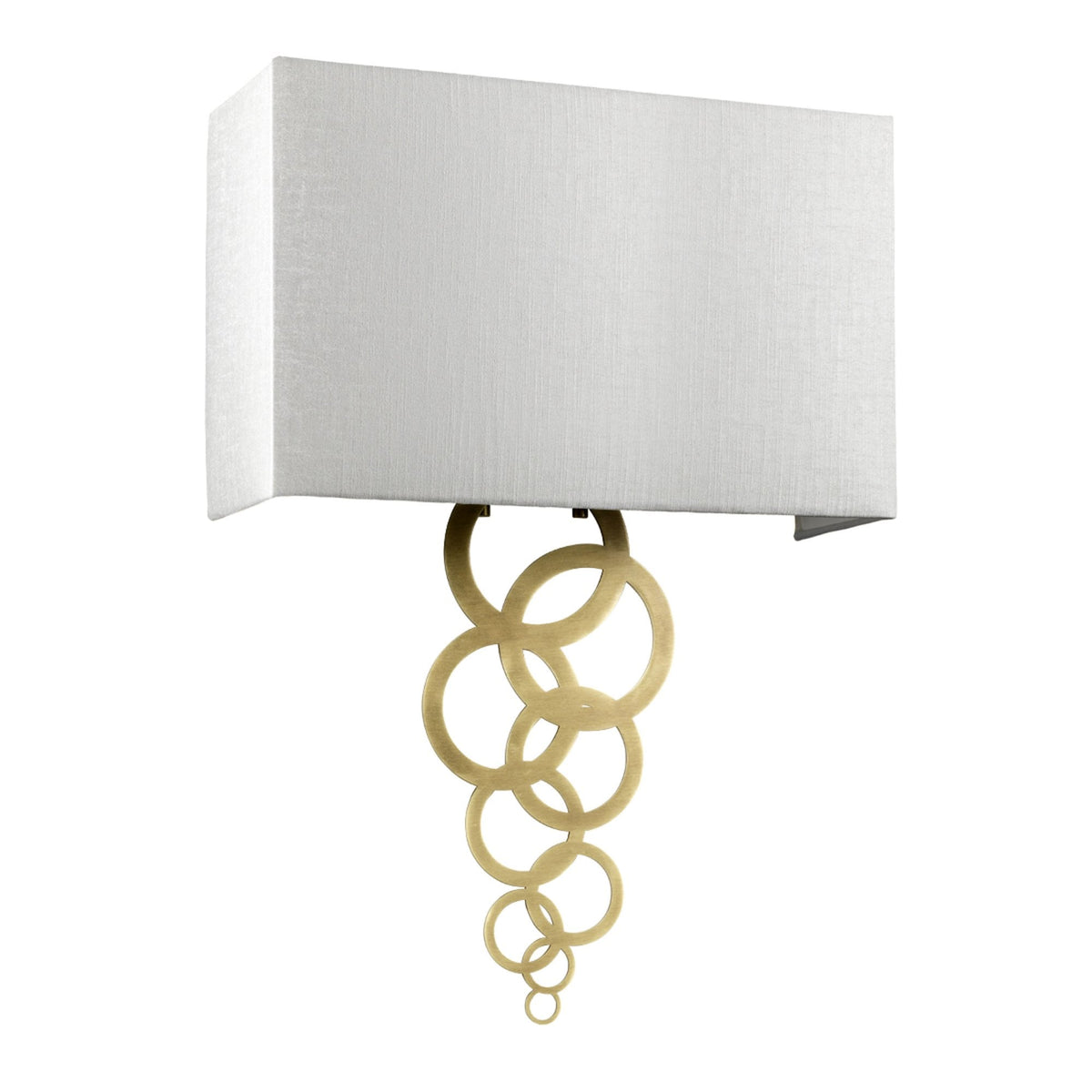 Modern wall light with a rectangular white shade and gold-coloured interlocking rings beneath.