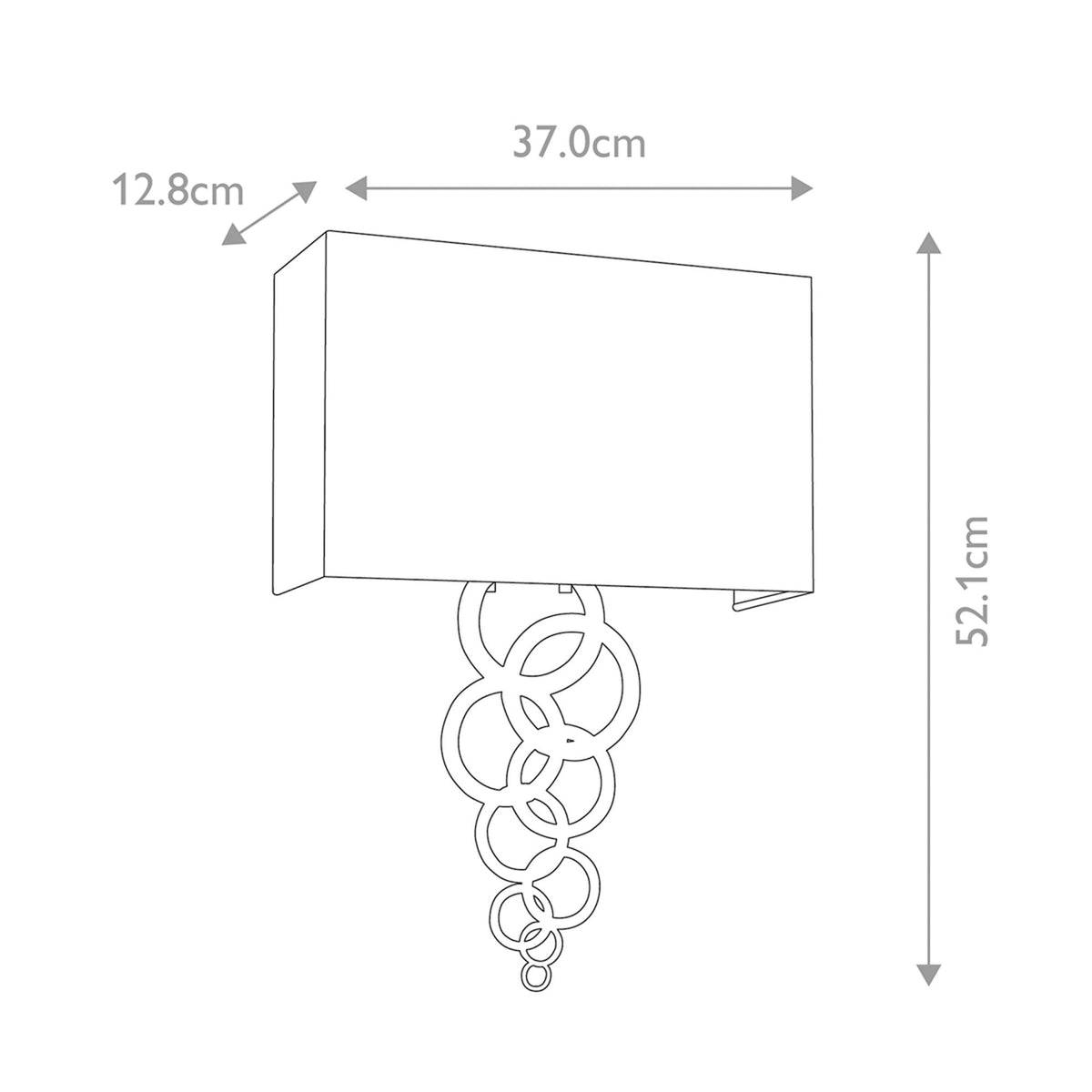 Line drawing with dimensions of a rectangular wall light with decorative rings.