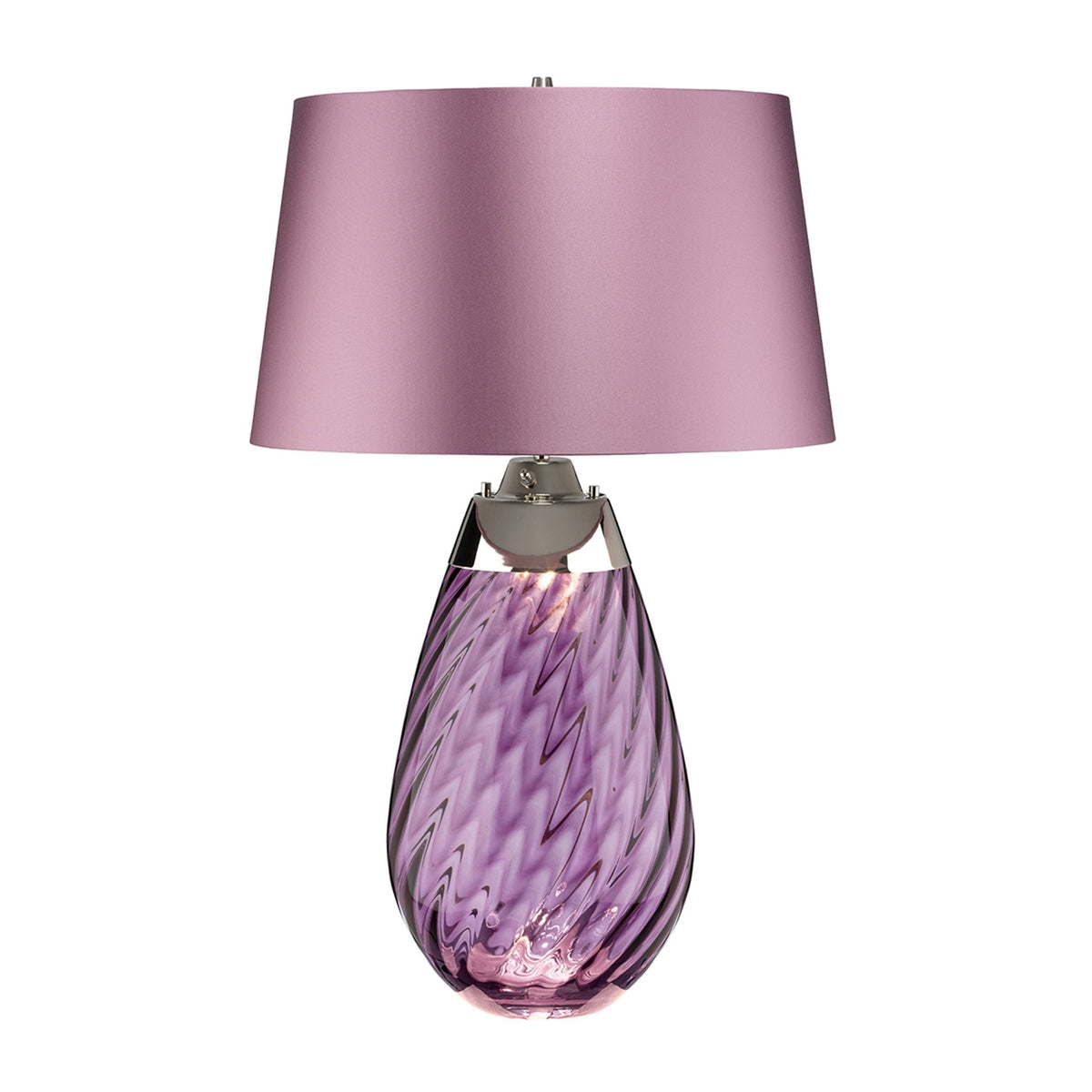 Table lamp with an amethyst swirl glass base and purple shade.