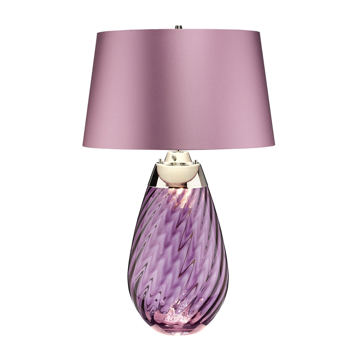 Table lamp with an amethyst swirl glass base and purple shade, featuring a silver finial.