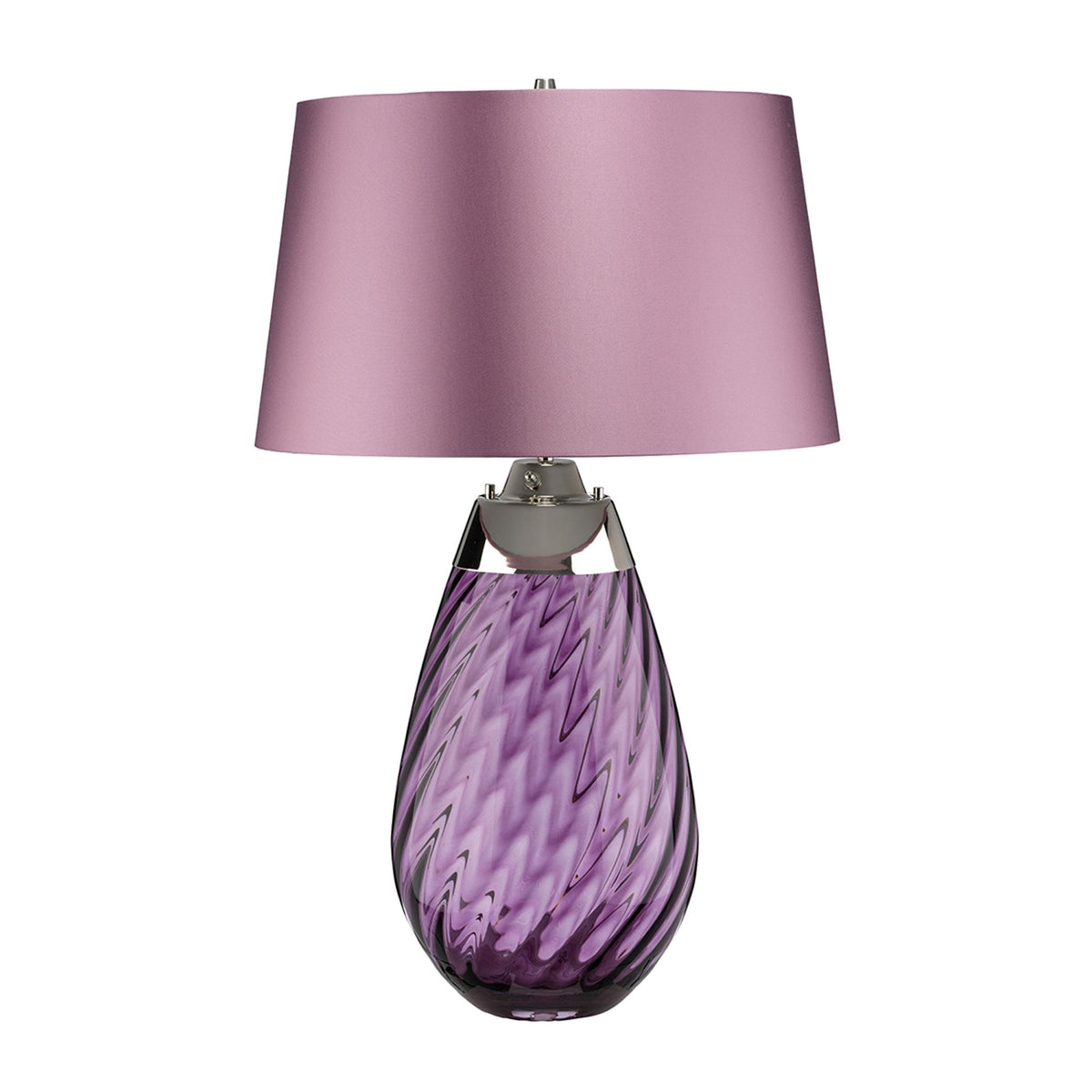 Table lamp with an amethyst swirl glass base and purple shade, featuring a silver cap.