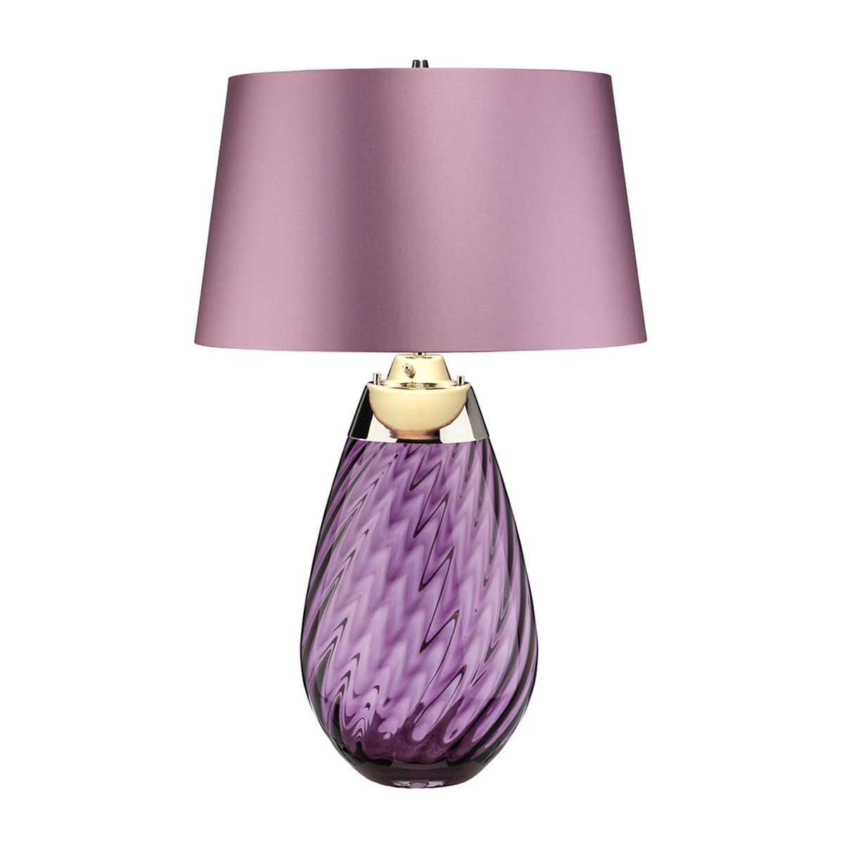 Table lamp with an amethyst swirl glass base and purple shade, featuring a gold cap.