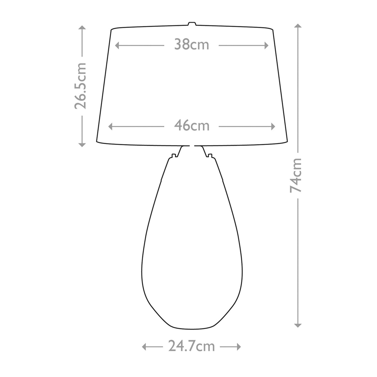 Diagram of the lamp's dimensions, including height, shade width, and base width.