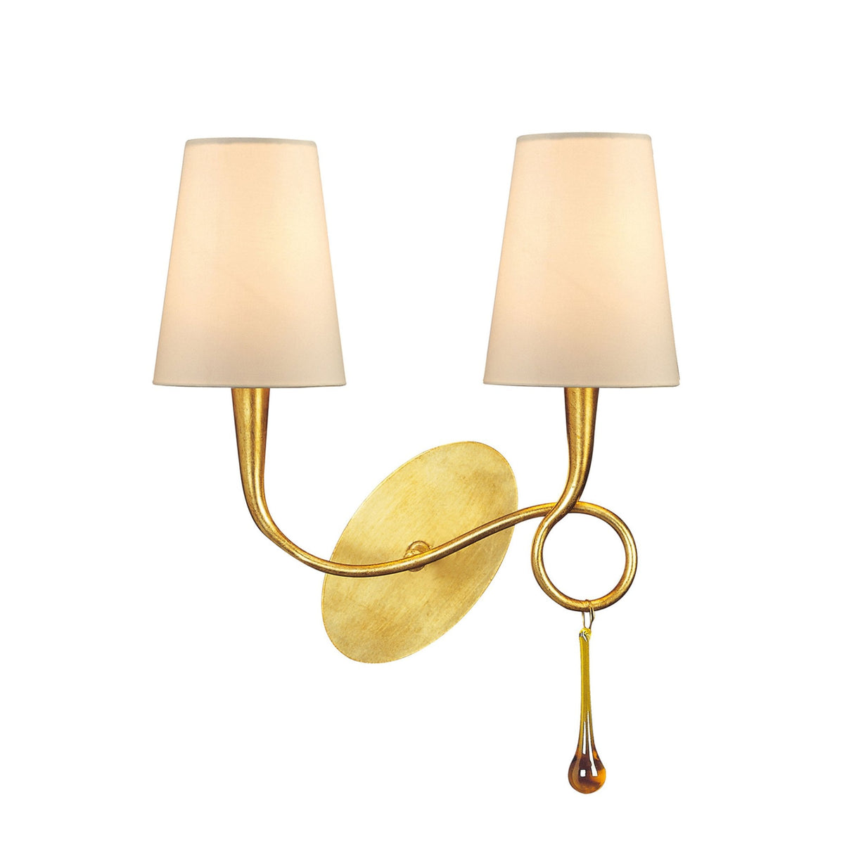 Paola Twin Wall Lamp In Painted Gold & Amber With Cream Fabric Shade