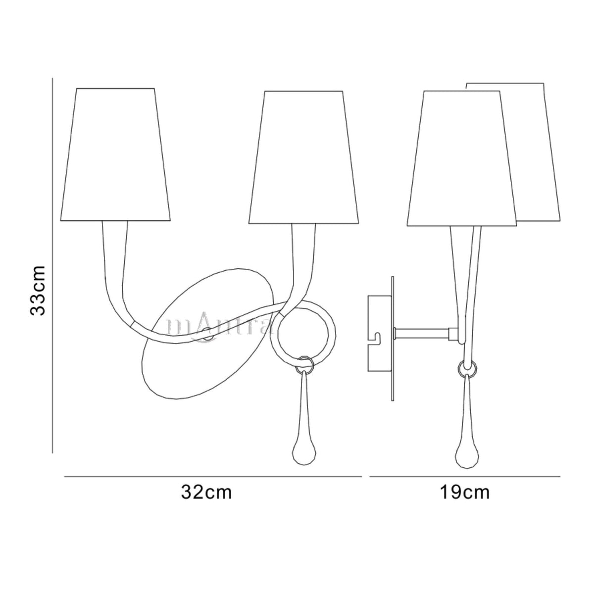 Paola Twin Wall Lamp In Painted Gold & Amber With Cream Fabric Shade